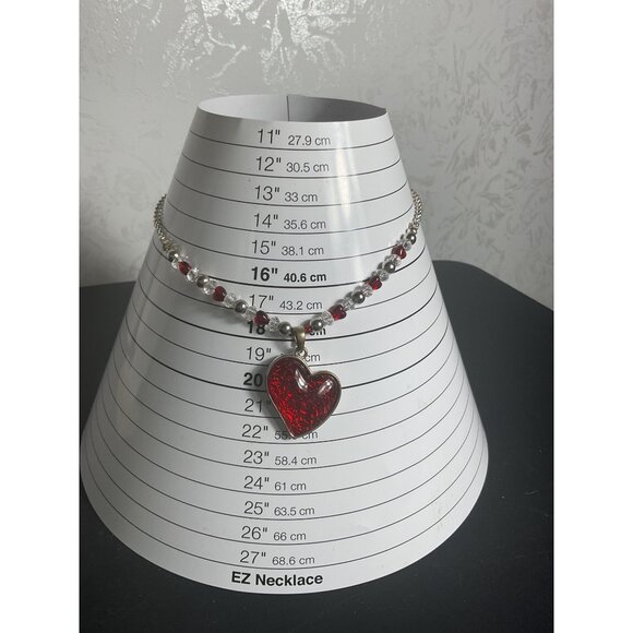 Red Heart Pendant Necklace With Silver & Red Beads Adjustable - Picture 2 of 4